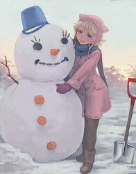  blonde_hair blue_eyes coat female hat lowres mittens original scarf short_hair snow snowman solo weno weno&#039;s_blonde_original_character winter 