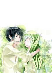  1boy black_hair c.c. cc closed_eyes code_geass couple dress_shirt female female green_hair lelouch_lamperouge long_hair male purple_eyes shirt short_hair witchonly 