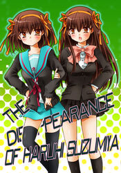  2girls black_cardigan blue_sailor_collar blue_skirt brown_eyes brown_hair cardigan commentary_request dual_persona hair_ribbon kita_high_school_uniform kouyouen_academy_school_uniform long_hair multiple_girls official_alternate_costume official_alternate_hair_length official_alternate_hairstyle open_cardigan open_clothes ribbon sailor_collar sakana_chii school_uniform serafuku short_hair skirt suzumiya_haruhi suzumiya_haruhi_no_shoushitsu suzumiya_haruhi_no_yuuutsu thighhighs typo winter_uniform 