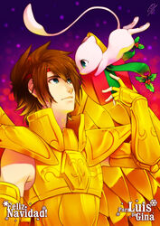  1boy armor christmas commentary crossover english_commentary gina_chacon gold_armor gold_saint holly male_focus merry_christmas mew_(pokemon) mixed-language_commentary photoshop_(medium) pokemon pokemon_(creature) sagittarius_sysiphus saint_seiya saint_seiya:_the_lost_canvas spanish_commentary spanish_text translated 