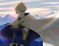  1boy artist_name backlighting blonde_hair blue_eyes bright_pupils cape circlet commentary_request crossed_arms fire_emblem fire_emblem_warriors grin looking_at_viewer male_focus mountain ohteatime outdoors rowan_(fire_emblem) sky smile solo spiked_hair sunrise upper_body white_pupils 