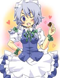  blue_eyes braid chocolate commentary_request female grey_hair heart izayoi_sakuya maid maid_headdress ryou-tan+ short_hair solo touhou twin_braids 