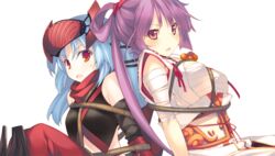  2girls aquaplus back-to-back black_hair bondage bondage bound dungeon_travelers_2 game_cg houzouji_yae kokonoka long_hair looking_at_viewer multiple_girls official_art open_mouth purple_hair red_eyes sweatdrop transparent_background tsurara_(dungeon_travelers_2) 