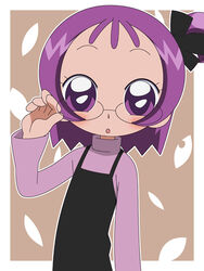  blue_hair brown_background female female glasses hair_ornament hair_ribbon hatomugisan leaf looking_at_viewer ojamajo_doremi purple_eyes ribbon segawa_onpu short_hair side_ponytail simple_background solo 