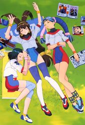  1990s_(style) 3girls anna_respighi artist_request battle_athletes blue_hair brown_hair closed_eyes kanzaki_akari kris_christopher long_hair low-tied_long_hair lying multiple_girls retro_artstyle short_hair spandex thighhighs wrist_cuffs 