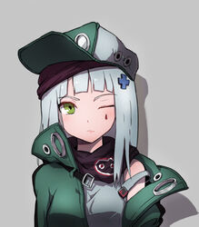  bad_id bad_pixiv_id bare_shoulders black_scarf blue_hair blunt_bangs blush buckle coat commentary_request cosplay facial_mark female g11_(girls&#039;_frontline) g11_(girls&#039;_frontline)_(cosplay) girls&#039;_frontline green_coat green_eyes green_hat grey_background hat hk416_(girls&#039;_frontline) lips long_hair looking_at_viewer open_clothes open_coat photoshop_(medium) qiancong scarf simple_background solo straight_hair upper_body v-shaped_eyebrows 