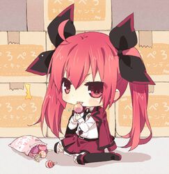  ahoge belt box candy cardboard_box chibi commentary_request date_a_live female food hair_ornament itsuka_kotori licking lollipop long_hair long_sleeves necktie red_eyes red_hair solo takamura_masaya twintails very_long_hair 