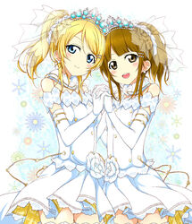  2girls ayase_eli bare_shoulders blonde_hair blue_eyes blush bridal_veil brown_eyes brown_hair commentary_request dress earrings elbow_gloves gloves holding_hands interlocked_fingers jewelry karamoneeze love_live! love_live!_school_idol_festival love_live!_school_idol_project multiple_girls nanjou_yoshino open_mouth ponytail real_life real_life_insert smile thighhighs tiara veil voice_actor voice_actor_connection wedding_dress white_dress white_gloves white_legwear zettai_ryouiki 