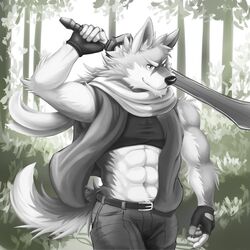  1:1 2017 abs absurd_res anthro belt biceps canid canine canis clothing digital_media_(artwork) fur hi_res kemono male mammal melee_weapon muscular muscular_male outside pecs scarf sword tupidwithouts weapon wolf 