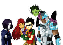  2girls 3boys bald beast_boy_(dc) belt black_hair bob_cut bodysuit brown_eyes cape cloak crossed_arms cyborg cyborg_(dc) dark_skin dc_comics dick_grayson domino_mask forehead_jewel garfield_logan gauntlets gloves green_eyes green_hair green_skin grimace hand_on_hip leotard long_hair long_sleeves luna133 mask multiple_boys multiple_girls one-eyed open_mouth orange_skin pale_skin pointy_ears purple_eyes purple_hair purple_skirt raven_(dc) red_eyes red_hair robin_(dc) short_hair short_sleeves simple_background skirt sleeveless starfire teen_titans victor_stone white_background 