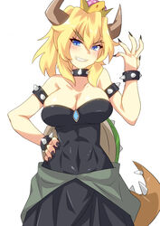  abs bare_shoulders black_leotard black_nails black_skirt blonde_hair blue_eyes blush bowsette bracelet breasts brooch cleavage clenched_teeth collar commentary_request cowboy_shot crown earrings eyebrows eyelashes female fingernails hair_between_eyes hand_on_own_hip hand_up highres horns jewelry layered_clothes leotard mario_(series) medium_breasts nail_polish new_super_mario_bros._u_deluxe outline ponytail sangue_llia sharp_fingernails sharp_teeth shiny_clothes shiny_skin short_hair sidelocks simple_background skindentation skirt solo spiked_bracelet spiked_collar spiked_shell spikes strapless strapless_leotard super_crown teeth toned tsurime white_background 