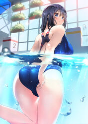  :t absurdres adjusting_clothes adjusting_swimsuit air_bubble ass back_cutout backless_outfit bad_id bad_pixiv_id bare_arms bare_legs blue_eyes blue_one-piece_swimsuit blush breasts bubble caustics clothes_pull clothing_cutout competition_swimsuit cowboy_shot day diving_block embarrassed female from_behind hand_up highres indoors large_breasts leg_up light_rays long_hair looking_at_viewer looking_back moe2017 okamen one-piece_swimsuit one-piece_swimsuit_pull original partially_submerged partially_underwater_shot photoshop_(medium) plant planter pool potted_plant pout pouty_lips pulling_own_clothes purple_hair racerback refraction shiny_clothes skin_tight solo standing standing_on_one_leg sunbeam sunlight swimsuit thigh_gap thighs water wet wet_clothes wet_hair wet_swimsuit 