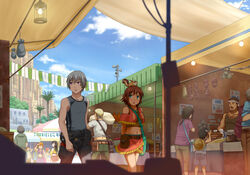  amy_(suisei_no_gargantia) animal blue_eyes brown_hair cloud commentary_request day feet highres ledo_(suisei_no_gargantia) long_hair market melty_(suisei_no_gargantia) multiple_boys multiple_girls open_mouth outdoors purple_eyes saaya_(suisei_no_gargantia) shirt silver_hair sky squirrel suisei_no_gargantia yuugure 