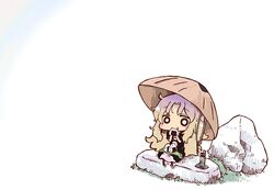  ajirogasa blonde_hair chibi commentary_request eating female food gradient_hair hat hijiri_byakuren kasuga_yuuki long_hair multicolored_hair onigiri purple_hair simple_background sitting solo touhou white_background 