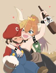  2018 absurd_res alcohol alternate_species animal_humanoid beverage blonde_hair blue_eyes blush bowser bowsette_meme breasts brown_hair burnable_garbage claws closed_eyes clothing crown drunk duo facial_hair female hair hat headgear headwear heart_symbol hi_res horn human humanoid humanoidized koopa_humanoid long_hair male mammal mario mario_bros meme nintendo not_furry one_eye_closed open_mouth rule_63 scalie scalie_humanoid sharp_teeth shell short_hair spiked_shell spikes spikes_(anatomy) substance_intoxication super_crown teeth text text_on_clothing text_on_hat text_on_headwear wink 