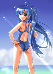  :o antenna_hair ass back blue_eyes blue_hair blush cloud commentary_request competition_swimsuit day female from_behind hands_on_own_hips imaichi_moenai_ko katahira_masashi kobe_shinbun light_rays long_hair looking_at_viewer looking_back ocean one-piece_swimsuit ponytail racerback sky solo sunbeam sunlight swimsuit water 