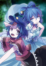  2girls beret blue_dress blue_eyes blue_hair brown_eyes chaba_(hortensia) commentary_request dress hair_ornament hair_rings hair_stick hat hat_ornament jiangshi kaku_seiga miyako_yoshika multiple_girls ofuda open_mouth outstretched_arms photoshop_(medium) shawl shirt short_hair skirt smile star_(symbol) star_hat_ornament touhou zombie_pose 