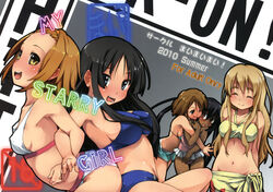  5girls akiyama_mio arm_holding bikini black_eyes black_hair blonde_hair brown_eyes brown_hair casual_one-piece_swimsuit closed_eyes dark_skin engrish hair_ornament hairband hairclip higenamuchi high_res hime_cut hirasawa_yui hug k-on! kotobuki_tsumugi long_hair mizugi nakano_azusa navel one-piece_swimsuit oppai ranguage sideboob tainaka_ritsu tanned wink 