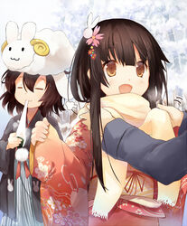  2girls :3 animal_ears brown_eyes brown_hair closed_eyes commentary_request eating efe floral_print flower food hair_flower hair_ornament houraisan_kaguya inaba_tewi japanese_clothes kimono long_sleeves mochi mochi_trail multiple_girls new_year nori_(seaweed) open_mouth rabbit_ears rabbit_hair_ornament sash scarf scarf_tying sheep_hat smile touhou wide_sleeves 