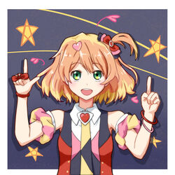  blonde_hair blush bow brown_hair commentary_request female freyja_wion green_eyes hair_ornament heart heart_hair_ornament highres index_finger_raised looking_at_viewer macross macross_delta multicolored_hair open_mouth photoshop_(medium) rayhwang red_bow short_hair sleeveless smile solo 