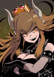  armlet bare_shoulders black_gloves bowsette breast_hold breasts brown_background brown_hair character_name cleavage collar commentary_request crown earrings eyebrows female gloves head_tilt horns jewelry long_hair mario_(series) medium_breasts new_super_mario_bros._u_deluxe orange_eyes partial_commentary pointy_ears sharp_teeth shiroton_(kazamineko) slit_pupils solo spiked_armlet spiked_collar spikes super_crown teeth twitter_username upper_body v-shaped_eyebrows 