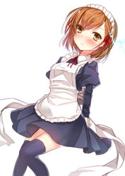  alternate_costume apron bad_id bad_pixiv_id blush brown_eyes brown_hair dress enmaided female highres juliet_sleeves long_sleeves looking_at_viewer maid maid_headdress misaka_mikoto puffy_sleeves purple_dress purple_thighhighs simple_background solo sparks thighhighs toaru_kagaku_no_railgun toaru_majutsu_no_index umeko_(koori_ume) white_background zettai_ryouiki 