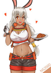  animal_ears belt belt_buckle belt_pouch black_gloves black_shorts black_vest blush bow bow_panties breasts buckle character_name cleavage commentary_request covered_nipples crop_top crop_top_overhang curry curry_rice dark-skinned_female dark_skin female food food_on_face girls&#039;_frontline gloves hair_between_eyes hair_ornament heart hei_yan highres holding holding_food holding_plate holding_spoon large_breasts long_hair looking_at_viewer low-tied_long_hair midriff navel ns2000_(girls&#039;_frontline) open_mouth panties photoshop_(medium) plate pouch rabbit_ears red_eyes rice short_shorts shorts shotgun_shell simple_background smile solo spoon underwear vest 