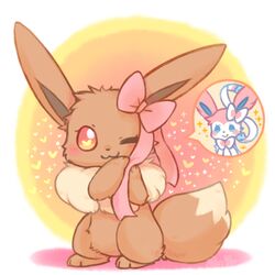  :3 commentary eevee lovewolf5122 lowres one_eye_closed pokemon pokemon_(creature) ribbon smile spoken_character sylveon 