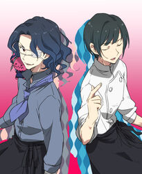  2boys apron asselin_bb_ii black_hair buttons chef closed_eyes commentary_request double-breasted eyepatch gradient_background idolmaster idolmaster_side-m long_sleeves male_focus mole mole_under_mouth multiple_boys oboro_(hainyuu) on_shoulder open_mouth pink_background purple_hair red_eyes satan_(idolmaster) shinonome_soichiro silhouette stuffed_toy waist_apron wavy_hair 