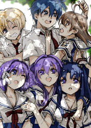  2boys 4girls clannad commentary_request fujibayashi_kyou fujibayashi_ryou furukawa_nagisa highres hikarizaka_private_high_school_uniform ibuki_fuuko ichinose_kotomi multiple_boys multiple_girls noto_tsugumi okazaki_tomoya one_eye_closed photoshop_(medium) school_uniform siblings sisters sunohara_youhei twins 