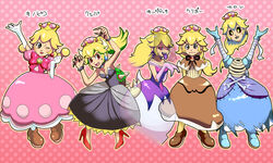  5girls :o ;) arm_up black_dress black_sclera blonde_hair blue_footwear bowsette bracelet breasts bridal_gauntlets brown_dress brown_footwear chest_jewel claw_pose colored_sclera commentary_request crescent crescent_earrings dress earrings ghost_pose ghost_tail gloves grey_eyes hands_up heart heart-shaped_pupils high_heels highres jewelry long_dress long_hair luigi&#039;s_mansion mario_(series) multiple_girls new_super_mario_bros._u_deluxe no_arms oerba_yun_fang one_eye_closed peachette pink_background pink_dress polka_dot polka_dot_background ponytail pose princess_dry_bones princess_goomba princess_king_boo purple_dress purple_eyes purple_gloves red_eyes red_footwear simple_background small_breasts smile sphere_earrings spiked_bracelet spikes super_crown symbol-shaped_pupils translated twintails wwwguramo yellow_eyes yellow_legwear 