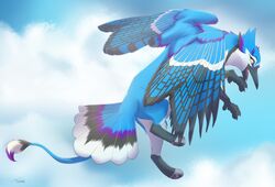  aerial avian beak bird black_beak blue_body blue_feathers blue_jay claws cloud corvid feathers felid female feral gryphon jay_(bird) mammal mythological_avian mythological_creature mythology new_world_jay open_beak open_mouth oscine passerine pounce simple_background solo tiziri wings 