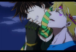  2boys anime_coloring bad_boy blonde_hair brown_hair caesar_anthonio_zeppeli commentary_request facial_mark fake_screenshot feather_hair_ornament feathers fingerless_gloves gloves hair_ornament headband jojo_no_kimyou_na_bouken joseph_joestar joseph_joestar_(young) laughing multiple_boys night scarf tears 