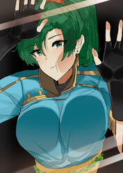  :t absurdres against_glass black_background black_gloves breast_press breasts breasts_on_glass cheek_on_glass cheek_press closed_mouth commentary_request earrings female fingerless_gloves fire_emblem fire_emblem:_the_blazing_blade fire_emblem_heroes gloves green_eyes green_hair highres jewelry large_breasts long_hair looking_at_viewer lyn_(fire_emblem) ormille photoshop_(medium) ponytail simple_background solo stud_earrings sweat unaligned_breasts upper_body 