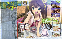  1boy :d absurdres arm_support bow bracelet breasts cake cake_slice cecilia_alcott chair cleavage cup downblouse female food fruit hairbow highres hood hoodie huang_lingyin infinite_stratos jewelry kondou_natsuko magazine_scan nyantype oerba_yun_fang official_art open_clothes open_hoodie open_mouth orimura_ichika plate sandwich saucer scan skirt sleeveless sleeveless_hoodie small_breasts smile straight strawberry strawberry_shortcake table tea teacup teapot text_focus tiered_tray twintails 