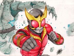  armor belt clenched_hands commentary english_commentary gauntlets gurongi highres isaki_tanaka kamen_rider kamen_rider_kuuga kamen_rider_kuuga_(series) kuuga_(mighty) male_focus monster paint.net_(medium) punching traditional_media 