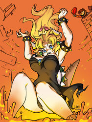  anklet armlet arms_up ass bare_shoulders black_dress black_panties blonde_hair blue_eyes bouncing_breasts bowsette bracelet breasts collar commentary_request crown dated dress earrings facial_hair falling female gem highres horns jewelry large_breasts lava long_hair mario mario_(series) moustache new_super_mario_bros._u_deluxe noto_tsugumi overalls panties partial_commentary photoshop_(medium) pointy_ears ponytail red_shirt sharp_teeth shirt spiked_bracelet spiked_collar spikes strapless strapless_dress super_crown tail teeth turtle_shell underwear waving 