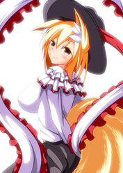  animal_ears arms_behind_back blonde_hair commentary_request cosplay female fox_ears fox_tail frills hat hat_ribbon merry_(diameri) nagae_iku nagae_iku_(cosplay) ribbon shawl short_hair smile solo tail touhou yakumo_ran yellow_eyes 