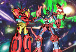  character_request commentary_request crossover extra_eyes extra_mouth galaxy getter_emperor getter_rays getter_robo getter_robo_g getter_robo_go glowing glowing_eyes handshake highres horns mecha new_getter_robo no_humans photoshop_(medium) robot shin_getter_robo shoulder_blades single_horn space spiral_power super_robot tengen_toppa_gurren-lagann_(mecha) tengen_toppa_gurren_lagann type_x weapon yellow_eyes 