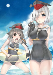  2girls alternate_costume asdj black_eyes blood blue_sky breast_cutout breast_envy breasts cloud cloudy_sky commentary cosplay covered_nipples day food framed_breasts grey_eyes grey_hair grey_neckerchief hair_ornament hair_over_one_eye hairband hairpin hamakaze_(kancolle) headgear highres holding horizon i-13_(kancolle) i-13_(kancolle)_(cosplay) i-14_(kancolle) i-14_(kancolle)_(cosplay) innertube kantai_collection looking_at_viewer machinery multiple_girls neckerchief nosebleed ocean partially_submerged photoshop_(medium) popsicle sailor_collar sailor_shirt school_swimsuit shirt short_hair sky sleeveless sleeveless_shirt sun swim_ring swimsuit swimsuit_under_clothes tanikaze_(kancolle) tongue tongue_out white_sailor_collar white_shirt 