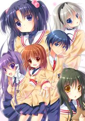  1boy 5girls :d antenna_hair blazer blue_eyes blue_hair blush brown_eyes brown_hair clannad closed_mouth commentary_request cowboy_shot fujibayashi_kyou furukawa_nagisa grey_hair hair_bobbles hair_intakes hair_ornament hair_ribbon hairband hairclip head_tilt highres hikarizaka_private_high_school_uniform holding holding_star ibuki_fuuko ichinose_kotomi jacket long_sleeves looking_at_viewer looking_back miniskirt multiple_girls nakada_rumi okazaki_tomoya open_mouth pleated_skirt purple_eyes purple_hair reaching reaching_towards_viewer ribbon sailor_collar sakagami_tomoyo school_uniform simple_background skirt smile standing star_(symbol) turtleneck two_side_up v-shaped_eyebrows white_background white_ribbon white_sailor_collar yellow_eyes yellow_jacket 