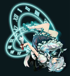  apron blue_eyes clock female gatau grey_hair hair_ribbon holster izayoi_sakuya knife maid_apron maid_headdress photoshop_(medium) reversed ribbon smile solo thigh_holster touhou upside-down 