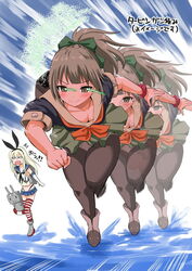  2girls afterimage anchor_hair_ornament animal_ears blank_eyes blonde_hair commentary_request downblouse green_skirt gundam gundam_00 hair_ornament hair_ribbon highleg highleg_panties kantai_collection light_trail long_hair microskirt multiple_girls panties panties_under_pantyhose pantyhose parody ponytail rabbit_ears rensouhou-chan ribbon shimakaze_(kancolle) skirt smile staring striped_clothes striped_thighhighs surprised thighhighs trans-am translation_request underwear yano_toshinori yuubari_(kancolle) 