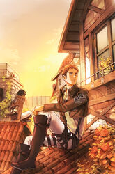  2boys boots building commentary_request emblem eren_yeager flower from_behind jacket jean_kirstein looking_away male_focus multiple_boys outdoors pants paradis_military_uniform photoshop_(medium) plant ritsuko_(rittii) rooftop rose shingeki_no_kyojin sitting sunset survey_corps_(emblem) three-dimensional_maneuver_gear uniform 