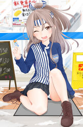  alternate_costume black_skirt brown_eyes brown_footwear card commentary_request culottes employee_uniform female hachimaki headband high_ponytail highres holding holding_card kantai_collection lawson light_brown_hair long_hair long_sleeves one_eye_closed open_mouth panties pantyshot pleated_skirt shoes skirt solo umino_haruka_(harukaumino6) underwear uniform upskirt white_panties zuihou_(kancolle) zuihou_(lawson)_(kancolle) 