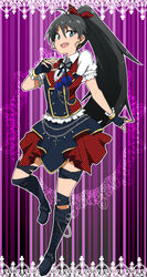  :d aikatsu! aikatsu!_(series) antenna_hair aqua_eyes black_hair boots commentary_request cosplay cross cross-laced_footwear earrings female fingerless_gloves flower ganaha_hibiki gloves idolmaster idolmaster_(classic) jewelry kidachi long_hair numakura_manami oerba_yun_fang open_mouth photoshop_(medium) puffy_sleeves purple_flower purple_rose rose short_sleeves smile solo todo_yurika todo_yurika_(cosplay) v-shaped_eyebrows very_long_hair voice_actor_connection 