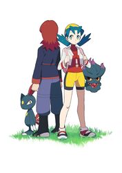  1boy aqua_eyes bike_shorts black_footwear black_shirt blue_hair blue_pants boots commentary_request female hat jacket kris_(pokemon) misdreavus pants pokemon pokemon_(creature) pokemon_gsc red_hair red_shirt remotarou shirt shorts silver_(pokemon) sneasel white_jacket yellow_hat yellow_shorts 