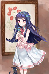  animal blue_hair blush commentary_request dress feline female flower hair_flower hair_ornament head_wreath idolmaster idolmaster_cinderella_girls long_hair looking_at_viewer nemeko painting_(object) pero_(idolmaster_cinderella_girls) red_eyes sajo_yukimi solo 