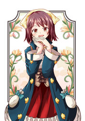  atelier_(series) atelier_sophie blush bow brown_eyes brown_hair commentary_request female flower green_bow highres long_sleeves looking_at_viewer open_mouth photoshop_(medium) rayhwang short_hair smile solo sophie_neuenmuller 