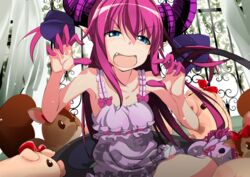  armpits blue_eyes dragon_girl elizabeth_bathory_(fate) fate/extra_ccc fate/grand_order fate_(series) female horns long_hair looking_at_viewer oerba_yun_fang open_mouth pig pink_hair plushie pointy_ears squirrel stuffed_animal tagme toys 